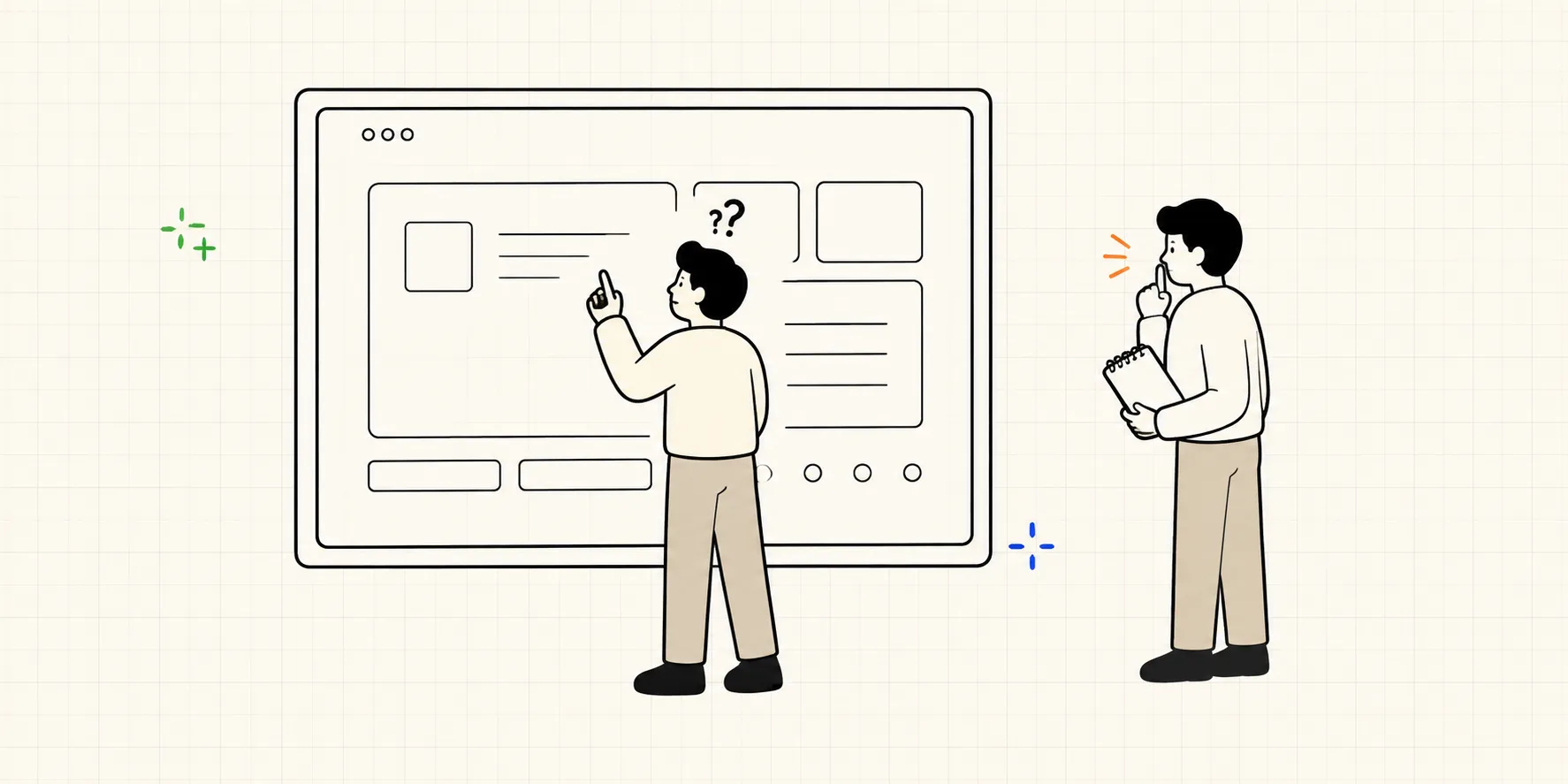 A person stands at a large screen with a finger raised and question marks overhead, unsure where to click, while a few steps behind them another person holds a notepad and presses a finger to their lips, watching without speaking. The moderator holds back the help they want to give