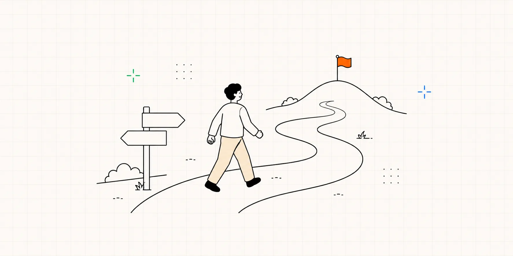 A person walks a winding path past a signpost toward an orange flag on a hilltop, the way a good task hands the participant a goal to reach instead of turn-by-turn directions