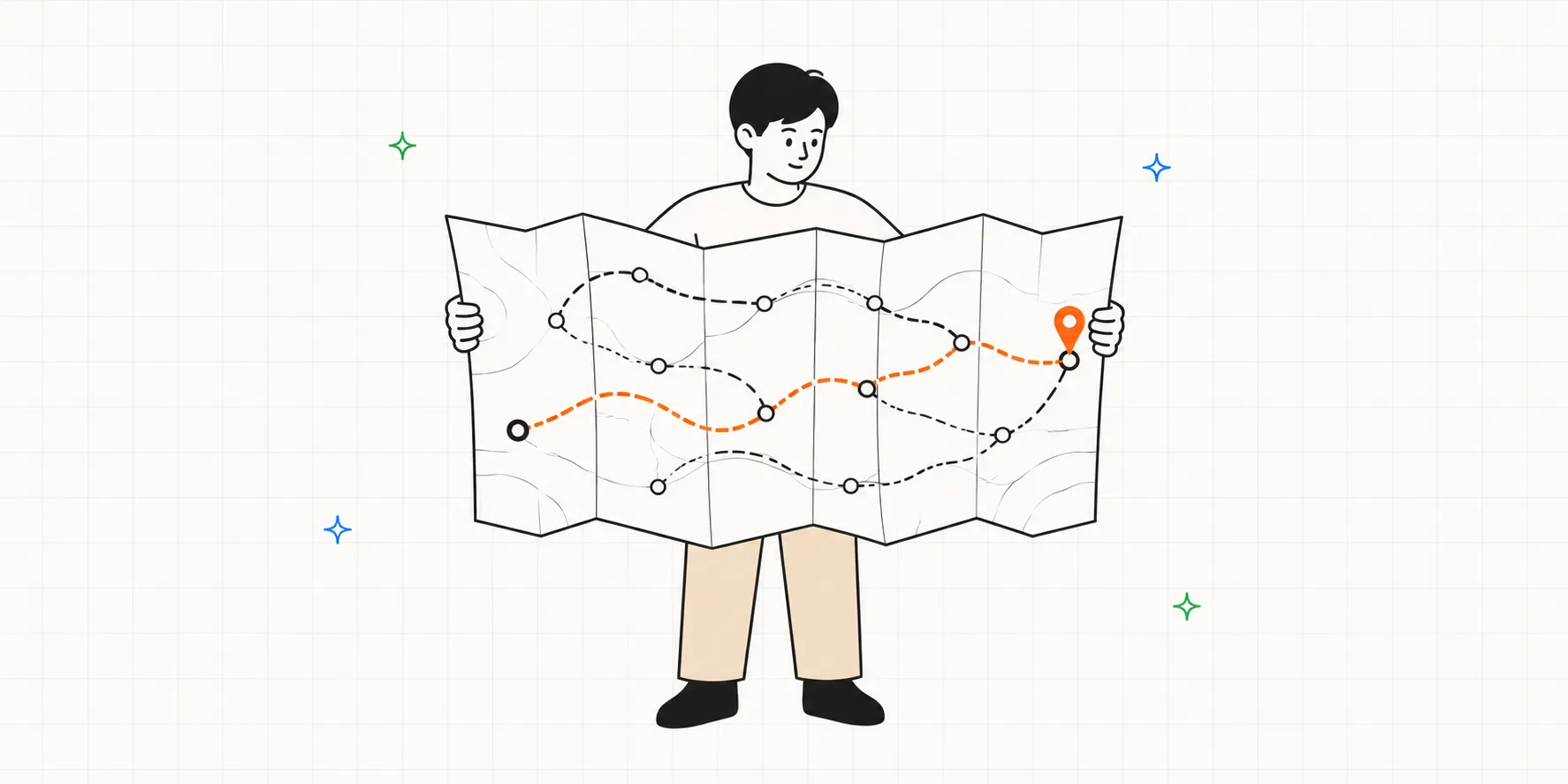 A person seen from behind at a fork where one path splits into three colored routes, choosing which one to take, the way you pick a usability testing tool by the job in front of you
