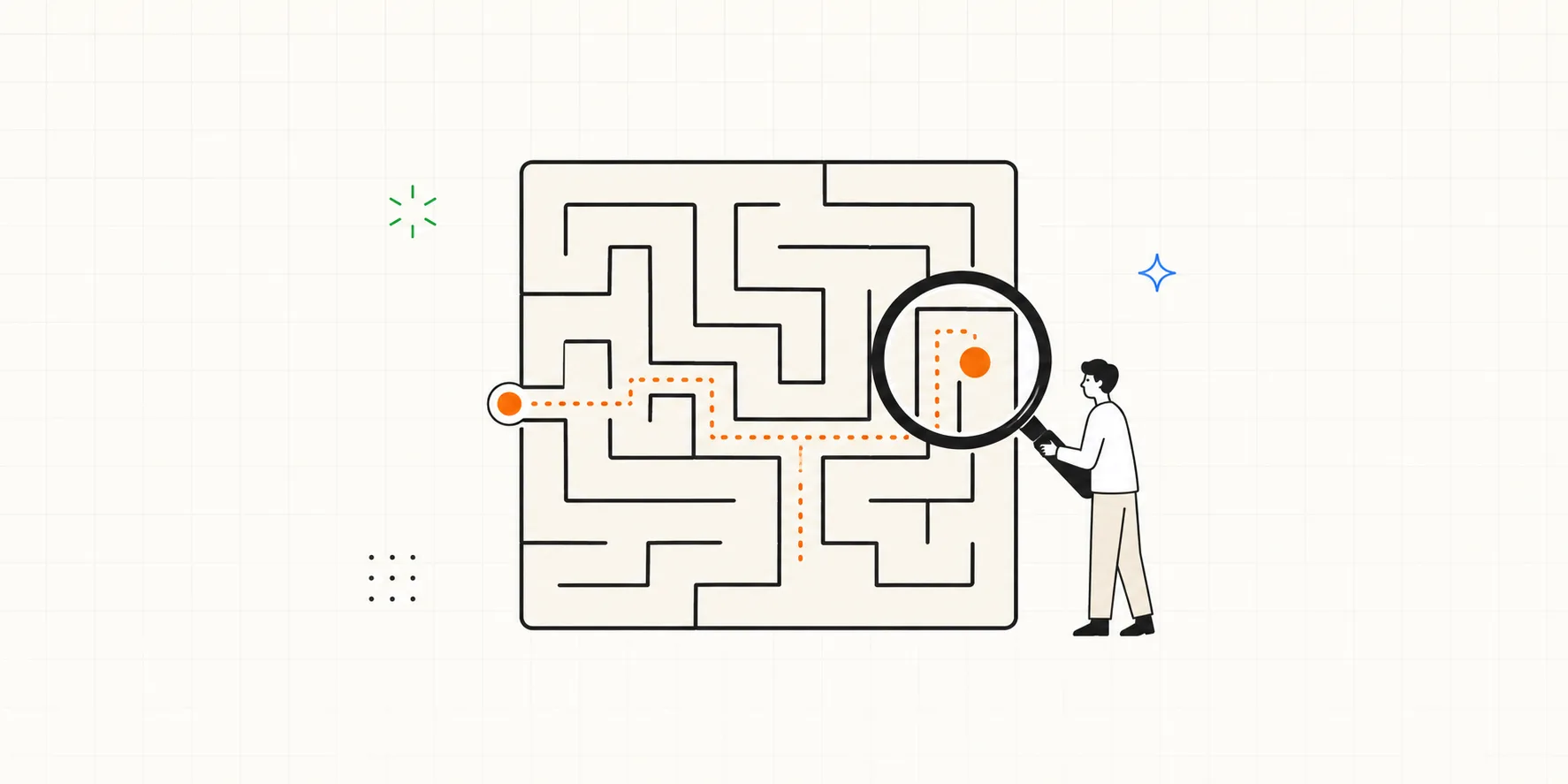 A magnifying glass over a winding maze, looking past the numbers to see why users get lost